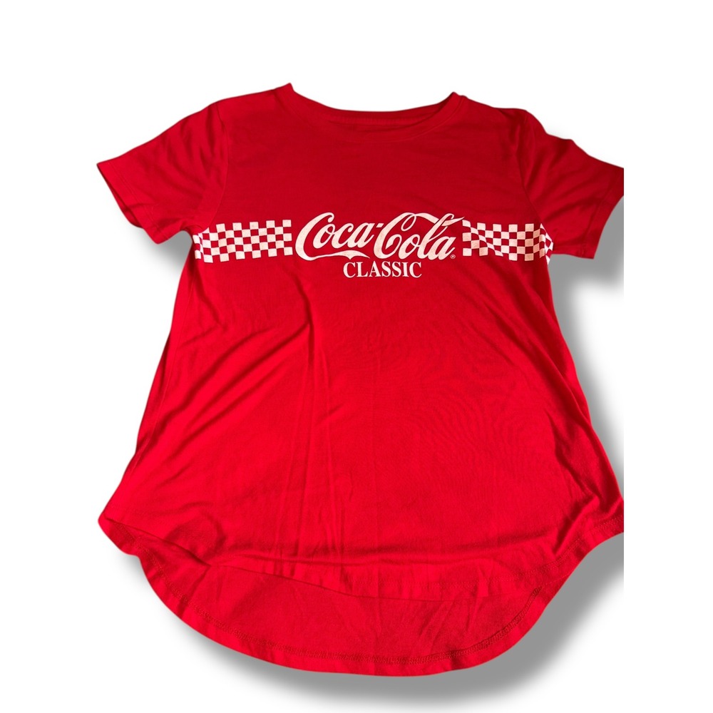 Coca-Cola Classic Red Graphic Tee Checkered Stripe High Low Hem Womens Medium